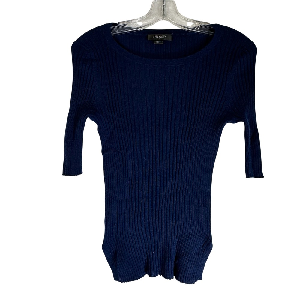 Christopher Fischer Navy Blue 100% Cashmere Ribbed Scoop Neck Elbow Sleeve Top